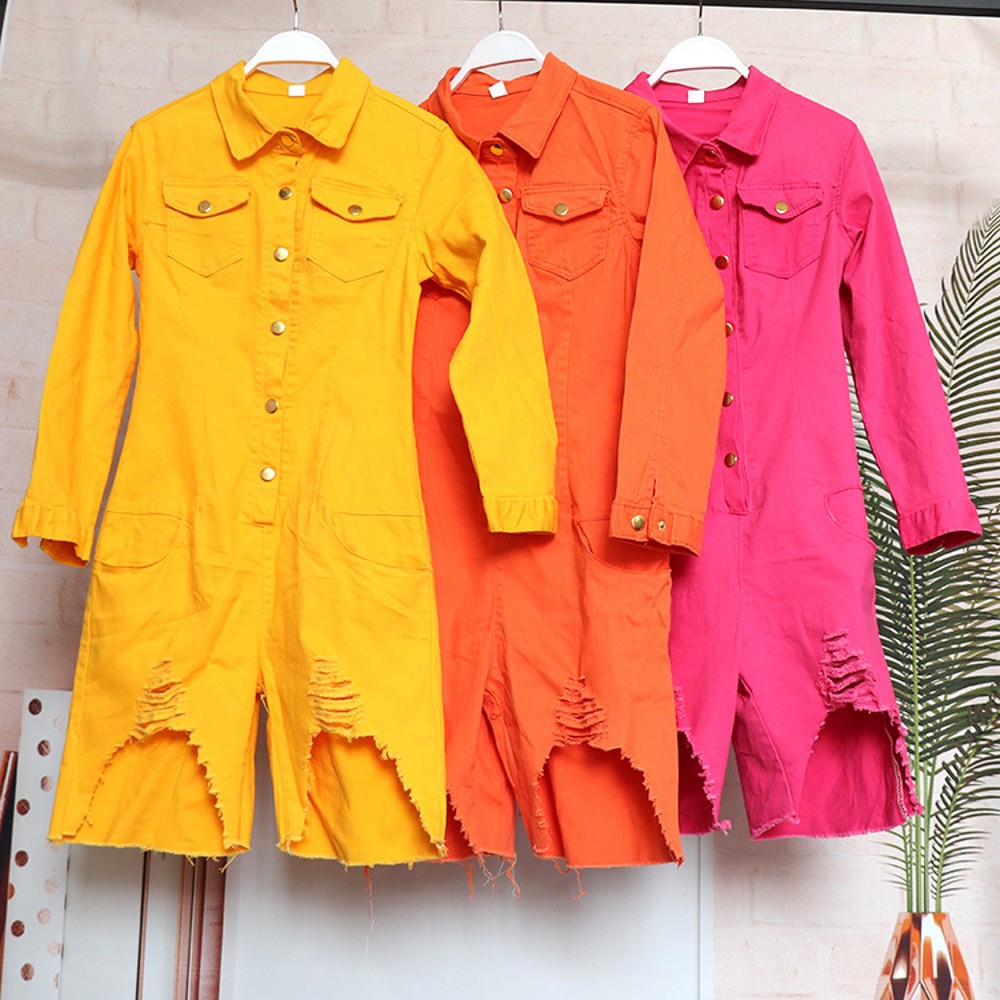 แอฟริกันเสื้อผ้าDenim Jumpsuitผู้หญิงสีเหลืองยืดเซ็กซี่Single-Breastedกางเกงยีนส์แขนยาวPlaysuitsหญิงCasual Romper