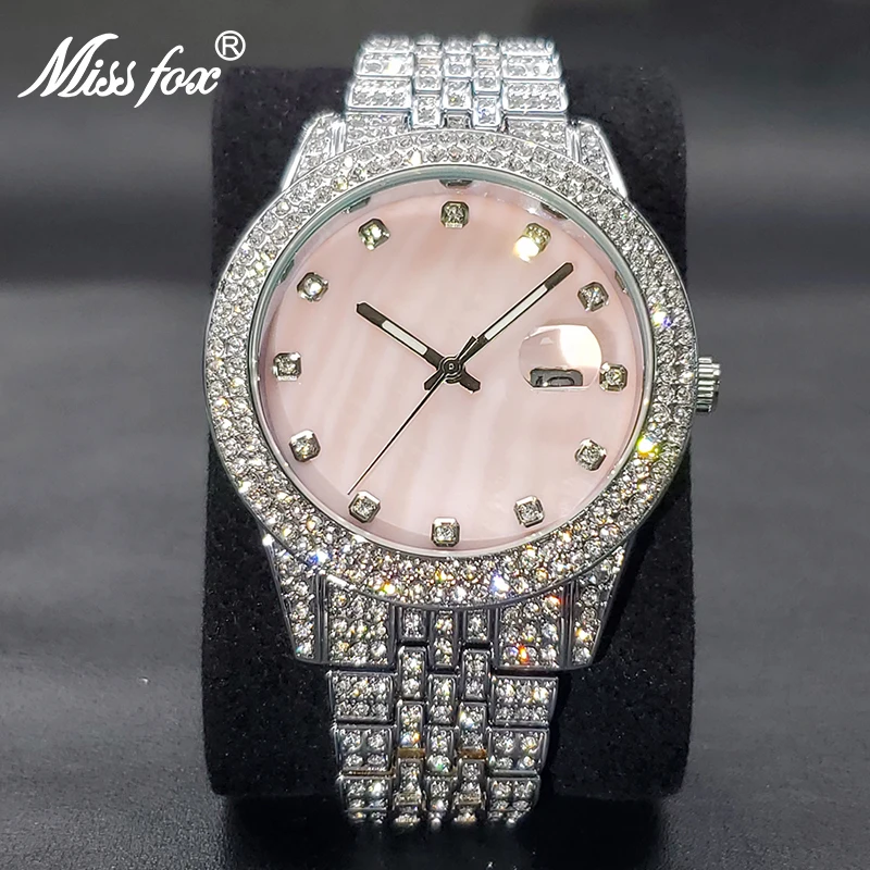 MISSFOX Designer Uhr Für Frauen Luxus Marke Eis Aus Diamant Uhren Verschiedene Perlen Rosa Kleid Wriswatches Paar Dropshipping