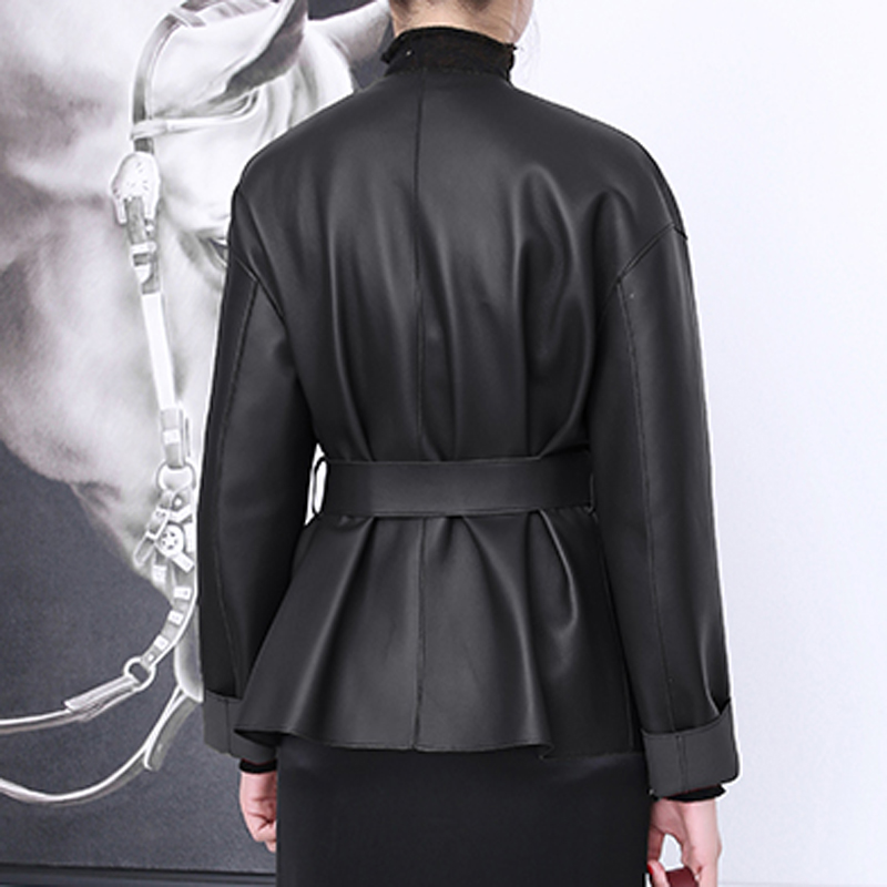 女性の革のジャケット女性日本シックなディープvネックコートとベルトワイン赤長袖vesteファムpopaデmujer