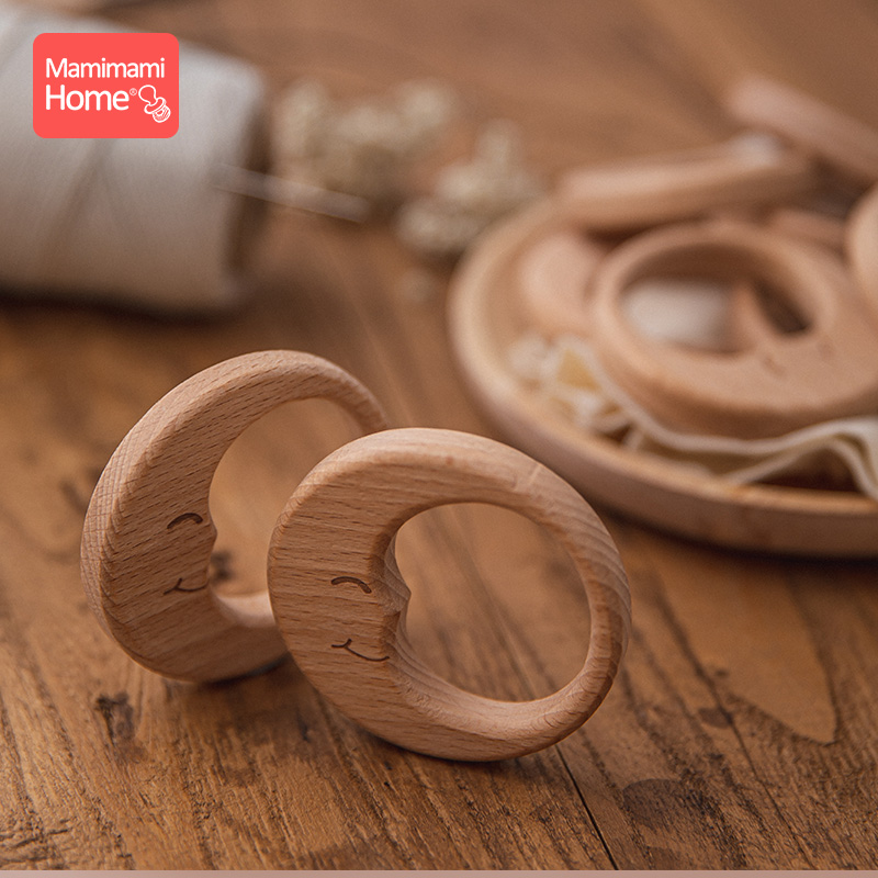 5 piezas de mordedor para bebé, colgantes de cadena de chupete, luna de madera de haya, sin BPA, anillo de dentición de madera, accesorios colgantes, juguetes para niños