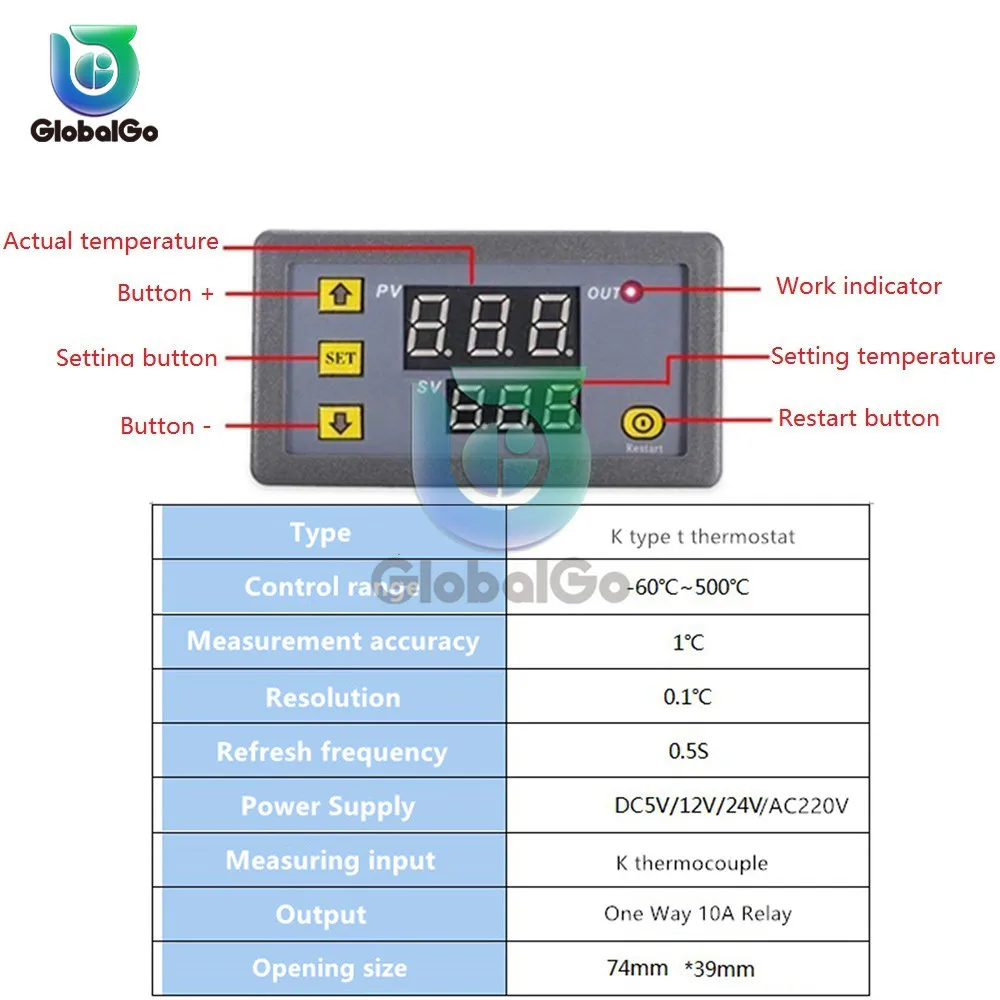 Thông Minh Bình Giữ Nhiệt Điều Khiển Nhiệt Độ 1 Cách 10A Tiếp-60 ~ 500 Độ K Loại M6 Cặp Nhiệt Điện Cảm Biến DC 5V 12V 24V AC 220V