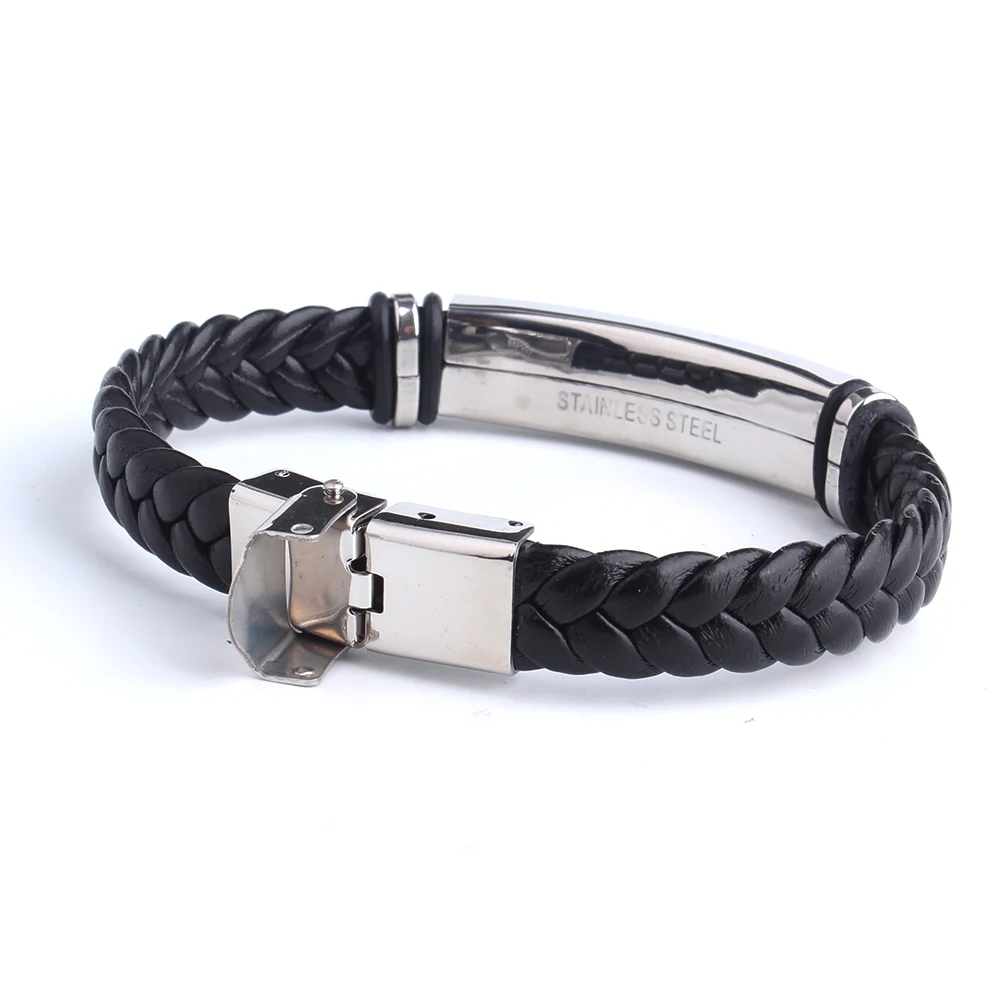 Pulsera de cuero con grabado de nombre y logotipo personalizado, Color negro, pulseras personalizadas de acero inoxidable para mujeres y hombres, pulsera de identificación