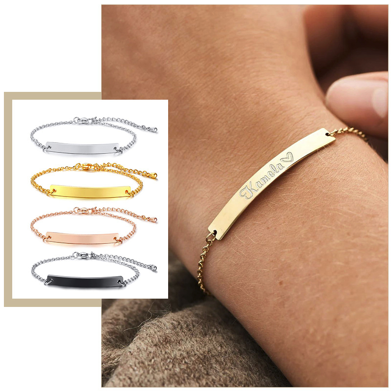 Elegant ส่วนบุคคล ID Bar สร้อยข้อมือผู้หญิง 5 มม.สแตนเลสสตีล CHAIN CUSTOM ชื่อคําคม BFF สร้อยข้อมือของขวัญเครื่องประดับ