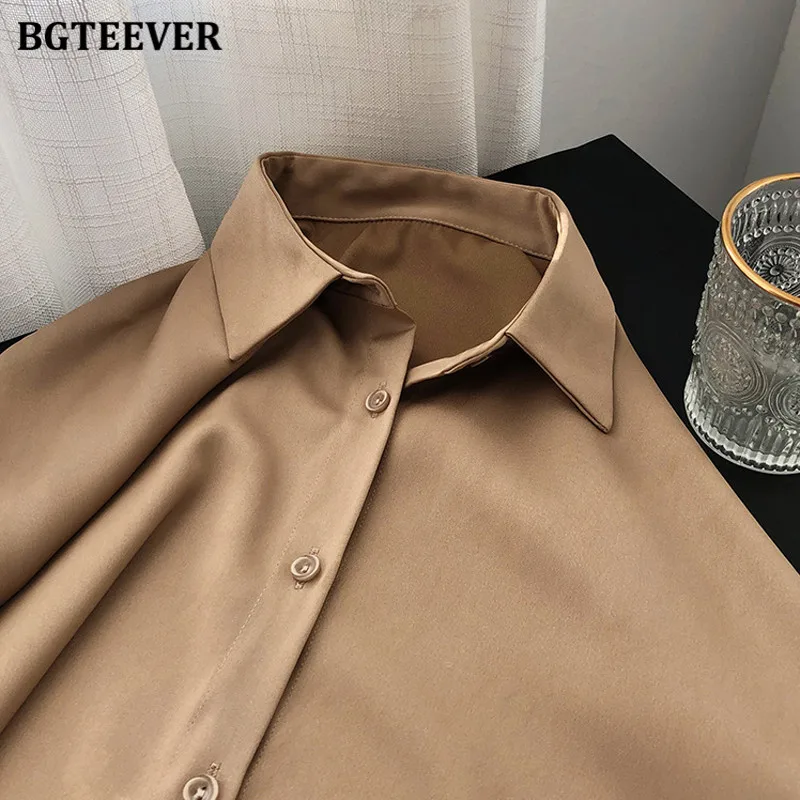 BBTEEVER 2020 세련된 여성 새틴 셔츠, 긴팔 단색 턴다운 칼라, 우아한 사무실 여성 작업복 블라우스, 신상