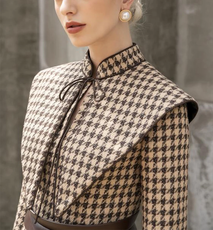 Tailor Shop Retro Slim และบางสีน้ำตาลเข้ม Houndstooth ฤดูหนาวหญิงหรูหราด้านบนและกระโปรง Semi-อย่างเป็นทางการ