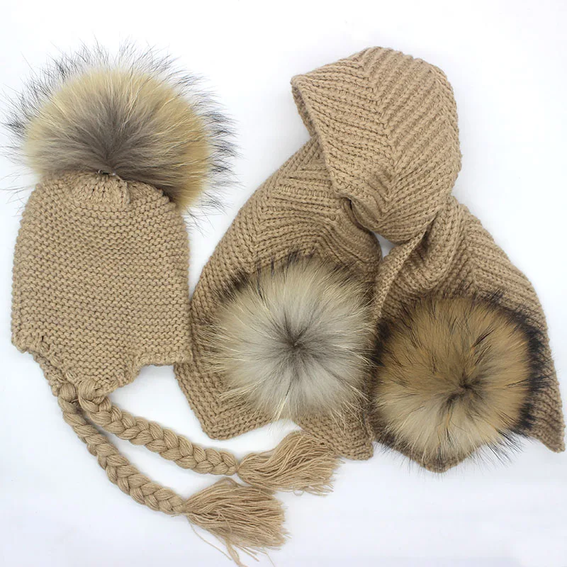 Trẻ Em Dệt Kim Khăn Mũ Bộ Sang Trọng Mùa Đông Ấm Áo Croptop Mũ Và Khăn Thật Lông Pom Beanie Mũ Khăn Choàng bé Trai Và Bé Gái