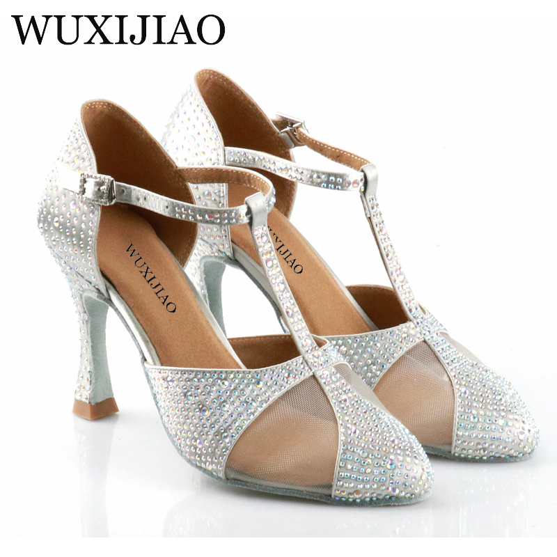 Wuxijiao prata seda cetim strass sapatos de dança moderna sapatos de dança latina sapatos de casamento baotou strass designarty
