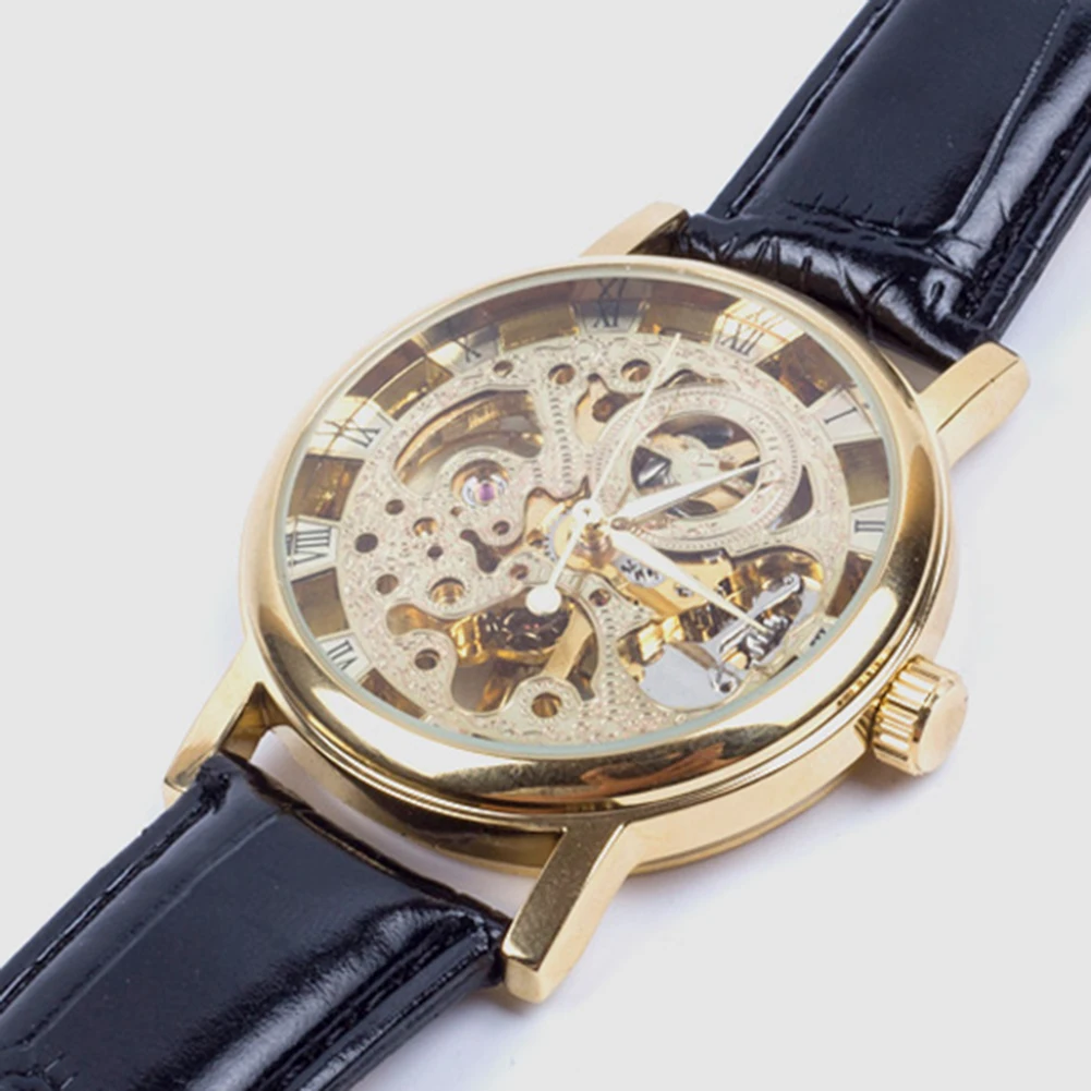 ขายร้อนผู้ชายแฟชั่น Luxury Hollow Skeleton Round Dial สายหนัง Faux นาฬิกาข้อมือนาฬิกาแฟชั่นผู้ชายกีฬานาฬิกานาฬิกาข้อมือเย็น