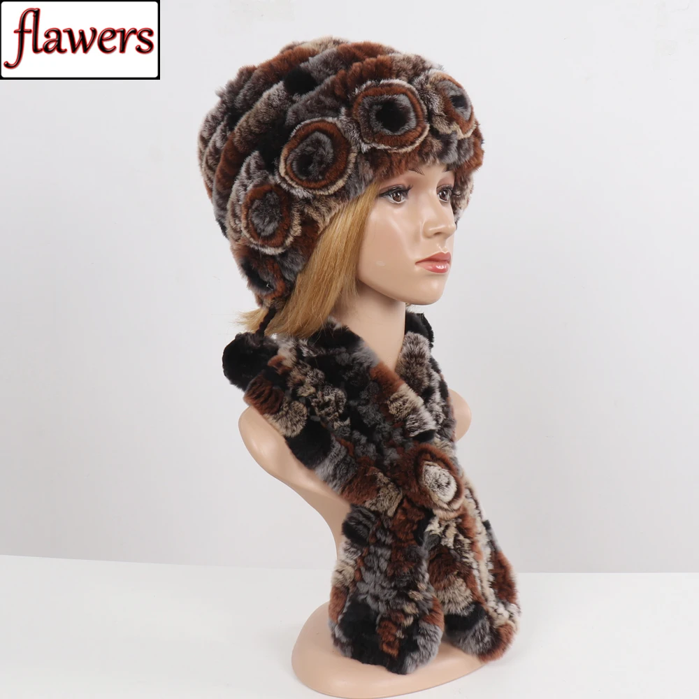 Conjunto de 2 piezas de gorro de piel de conejo Rex para mujer, bufanda de invierno, Poncho y gorros de piel de conejo Rex Natural