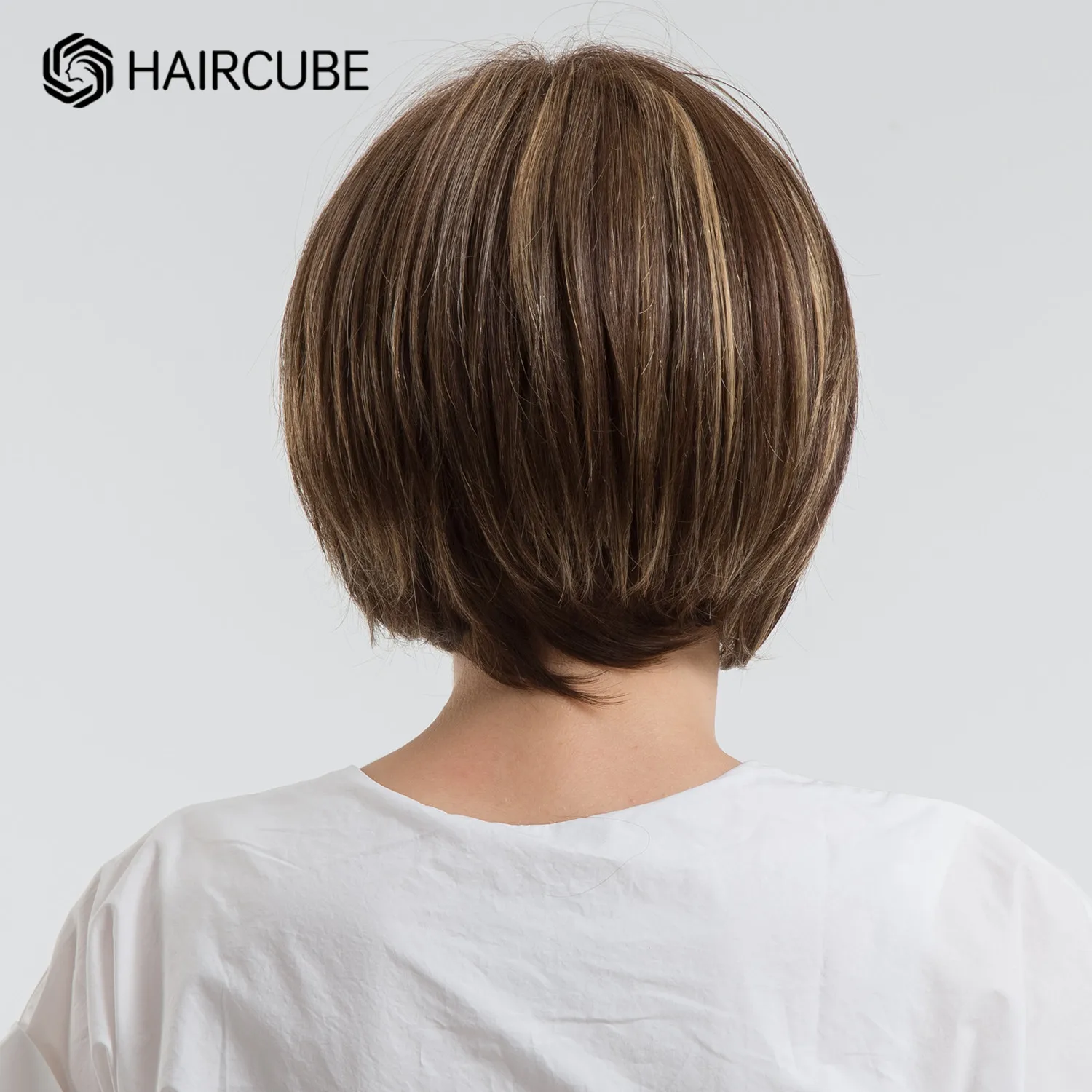 HAIRCUBE Pha Nâu Ngắn Tổng Hợp Bộ Tóc Giả Với Nổ Nhiệt Độ Cao Thẳng Bob Tóc Giả Blend 30% Tóc Tóc Giả Dành Cho Nữ