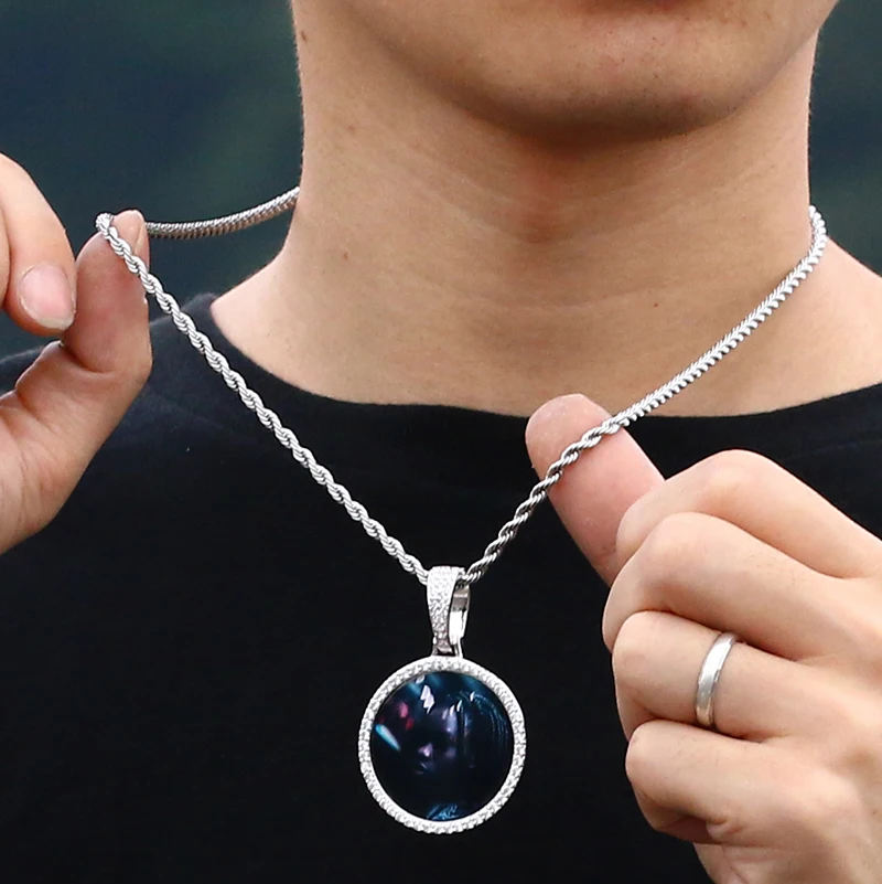 รอบ Medallions Custom Photo จี้สร้อยคอ Men Hip Hop เครื่องประดับส่วนบุคคล Custom ชื่อแกะสลักจี้ Zircon โซ่ของขวัญ