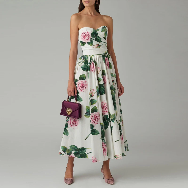 kleermaker Licht luxe ontwerp Sense Off-shoulder bedrukte tube-topjurk Jurk met één hals Rok Roze bloem Sexy lange rokjurk