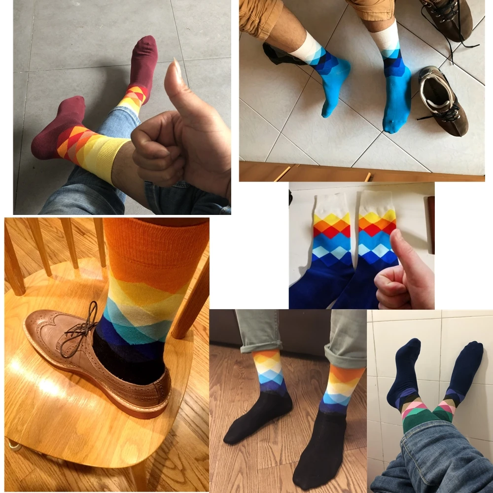 Calcetines para hombre, calcetines felices informales estándar, calcetines de algodón con patrón de diamantes de alta calidad, 10 colores, traje de pareja, calcetines de talla grande para hombre