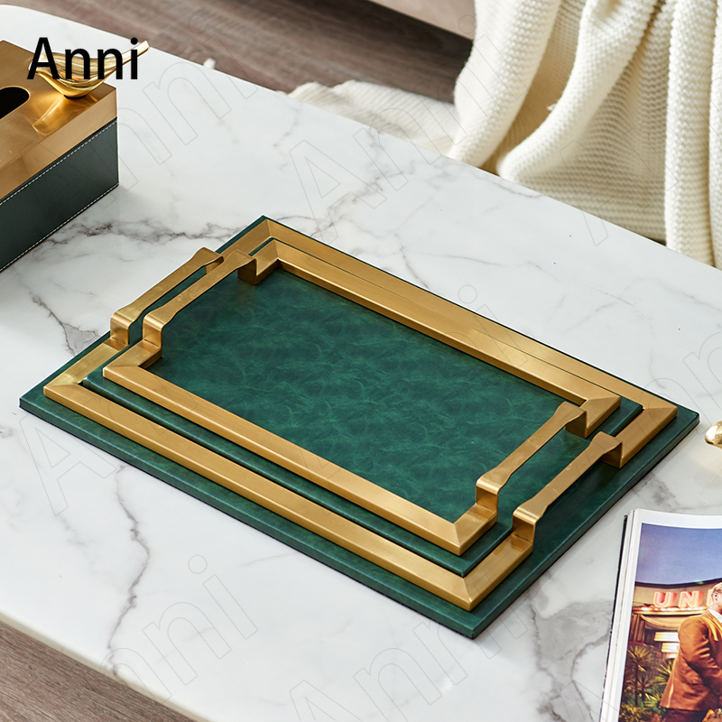 Baki Penyimpanan Perbatasan Berlapis Emas Kreatif Nordik Modern Persegi Panjang Hijau Cangkir Kulit Anggur Set Nampan Dekorasi Rumah Ruang Tamu