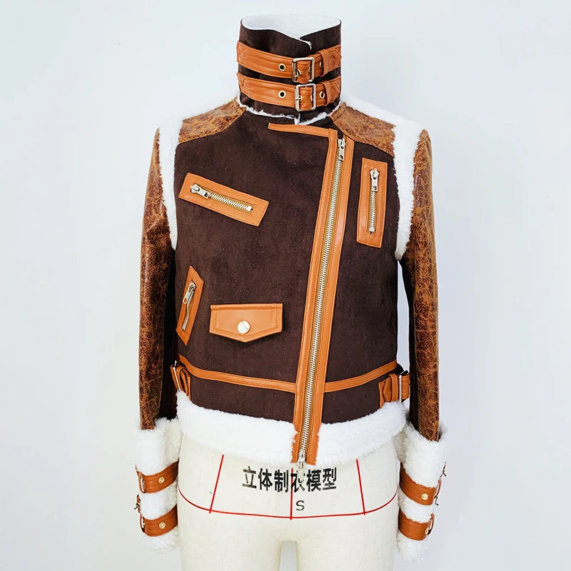 女性のための合成皮革の毛皮のジャケット,デザイナーのオーバーコート,パッチワーク,ジッパー,ストリート,最新,冬,2022