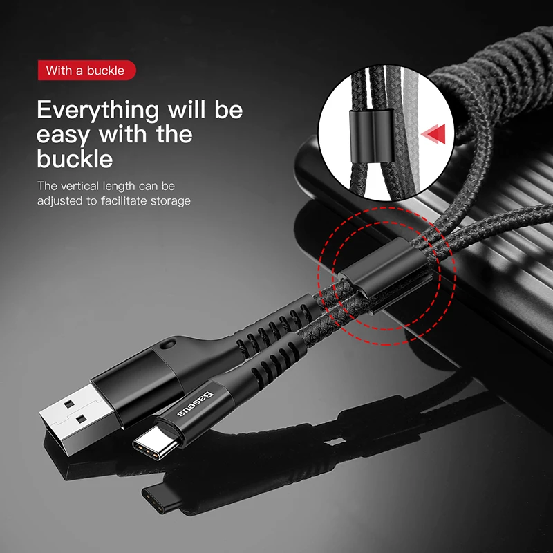 Baseus Spring USB Type C Cáp Sạc Cho Xe Hơi Mạnh Linh Hoạt Đầm 2A Cáp Sạc USB C Cho Điện Thoại Di Động cáp Dữ Liệu