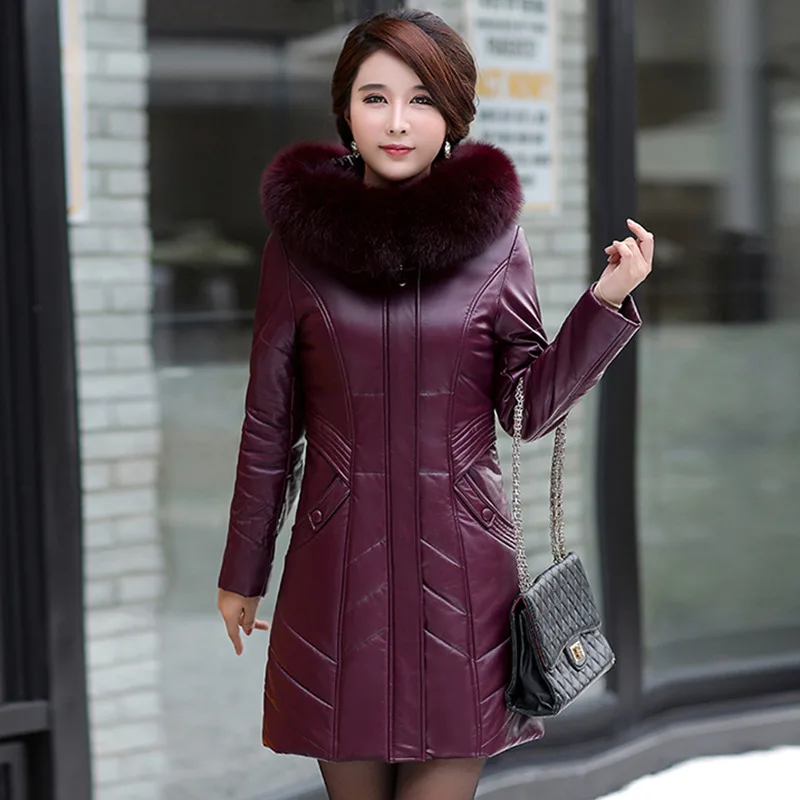 L-8XL Frau Leder Mantel Winter 2024 Neu Mode Mutter Jacke Verdicken Warm Pelzkragen Mit Kapuze Schaffell Mantel Lose Lang Oberbekleidung Weiblich Übergröße