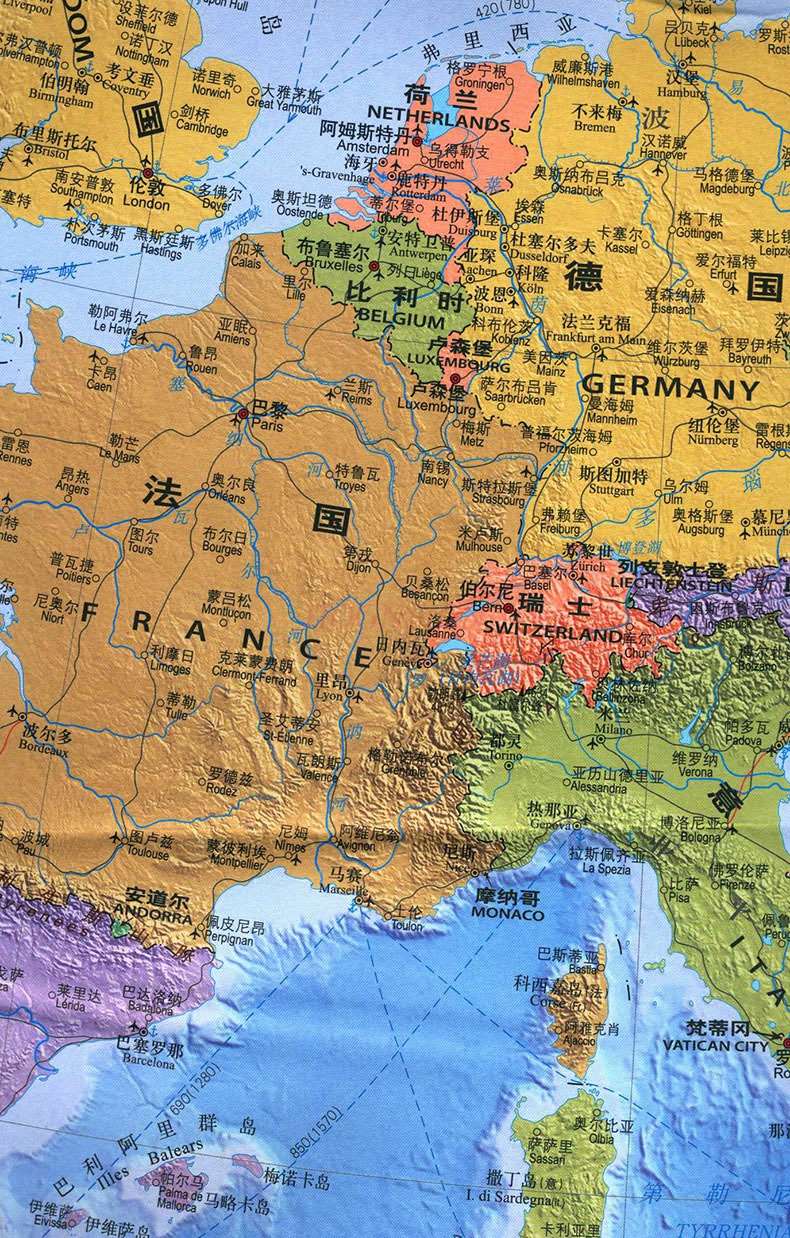 Carte du monde en chinois et en anglais, Europe, pays chauds, voyage