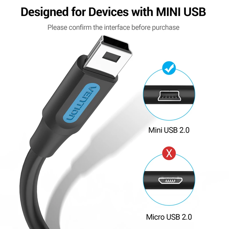 Кабель USB/Mini USB 2.0 Vention, для передачи данных, зарядки, поддержка быстрой зарядки, для MP3, MP4-проигрывателя, автомобильного видеорегистратора, GPS-навигатора, цифровой камеры, жесткого диска (HDD)