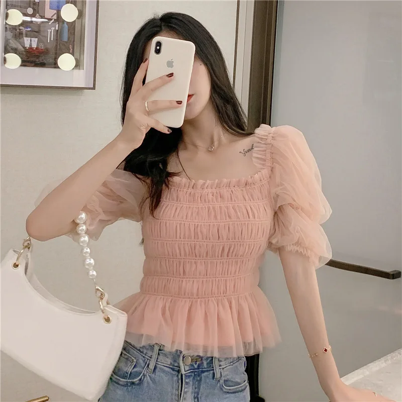 ฤดูร้อนตาข่ายผู้หญิงพัฟแขนผ้าพันคอสุภาพสตรีElegantเสื้อสแควร์คอRuffle Ruchedชีฟองสีชมพู