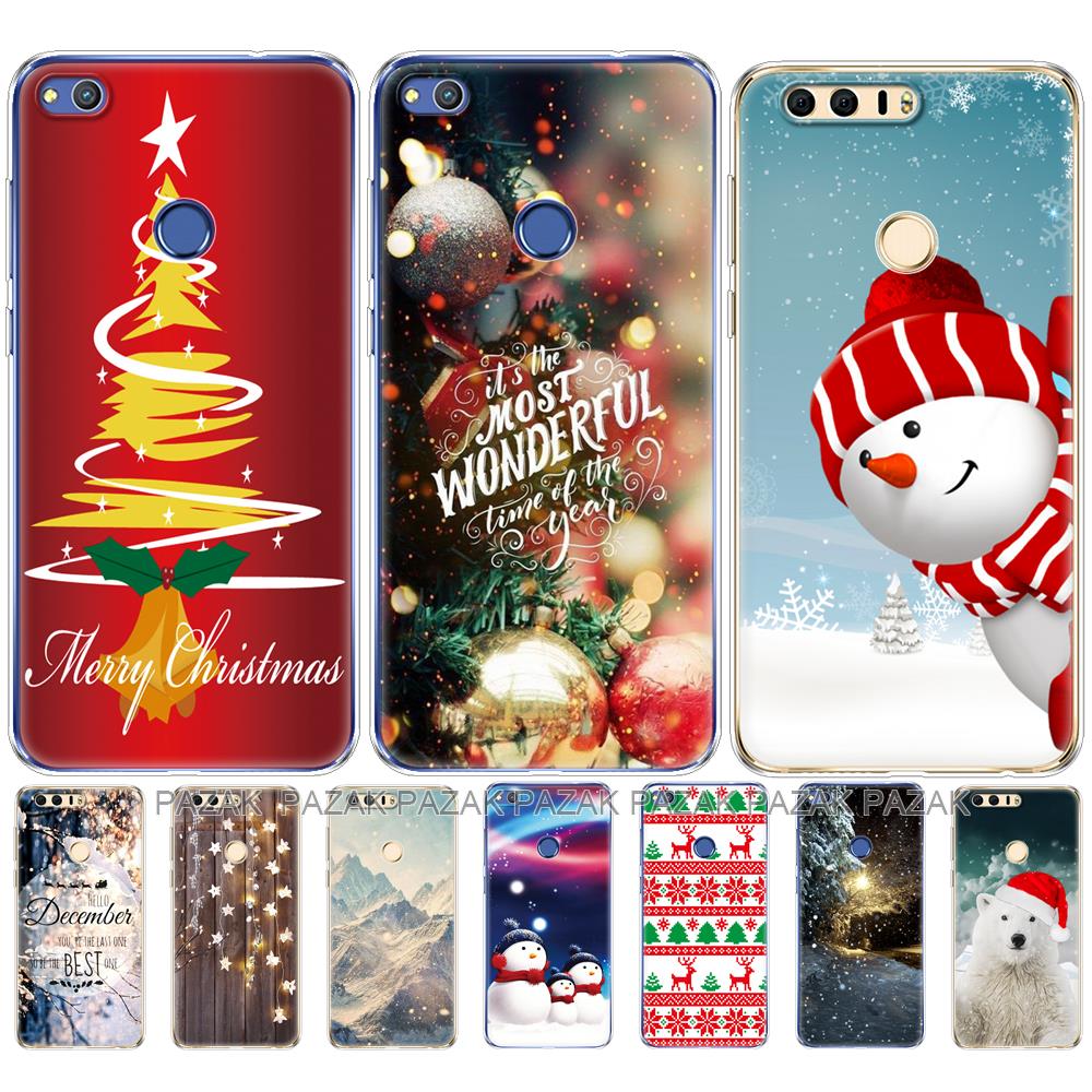 Untuk Huawei Honor 8 Lite Casing Penutup Ponsel Belakang untuk Honor 8 Silikon Lembut TPU Coque Bumper Musim Dingin Natal Pohon Salju Tahun Baru