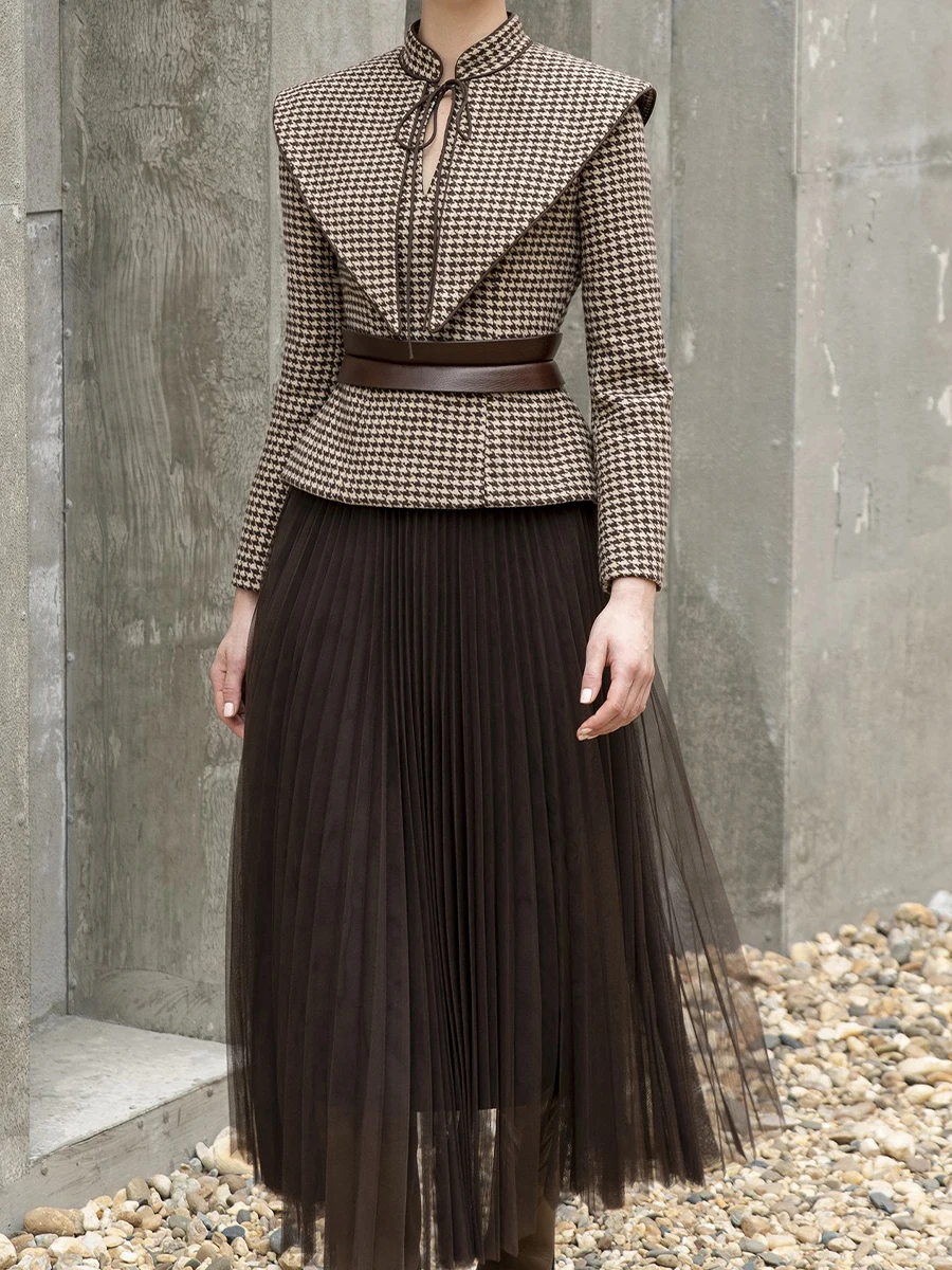 Tailor Shop Retro Slim และบางสีน้ำตาลเข้ม Houndstooth ฤดูหนาวหญิงหรูหราด้านบนและกระโปรง Semi-อย่างเป็นทางการ