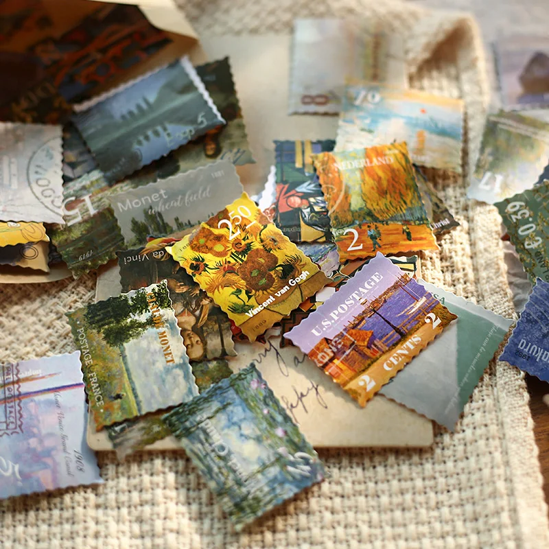 MOHAMM 45 Chiếc Vintage Van Gogh Monet Nổi Tiếng Thế Giới Bộ Sưu Tập Hội Họa Miếng Dán Trang Trí Cho Thêu Sò Tự Làm Niêm Phong Hàng Thủ Công