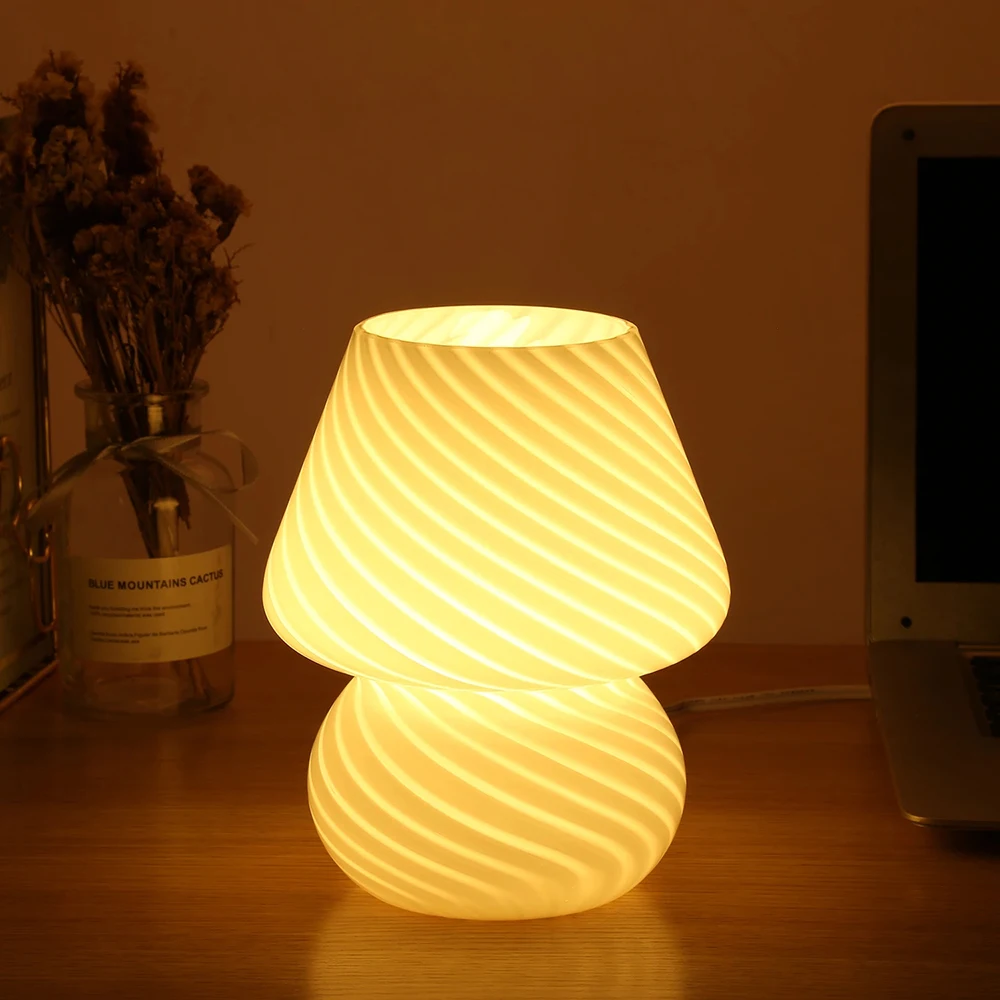 Glas-Pilz-Tischlampe für Raumdekoration, LED, E27, oder E14, mattiert oder gestreift, 3 Farben, USB, dimmbar, Vintage-Nachtlicht