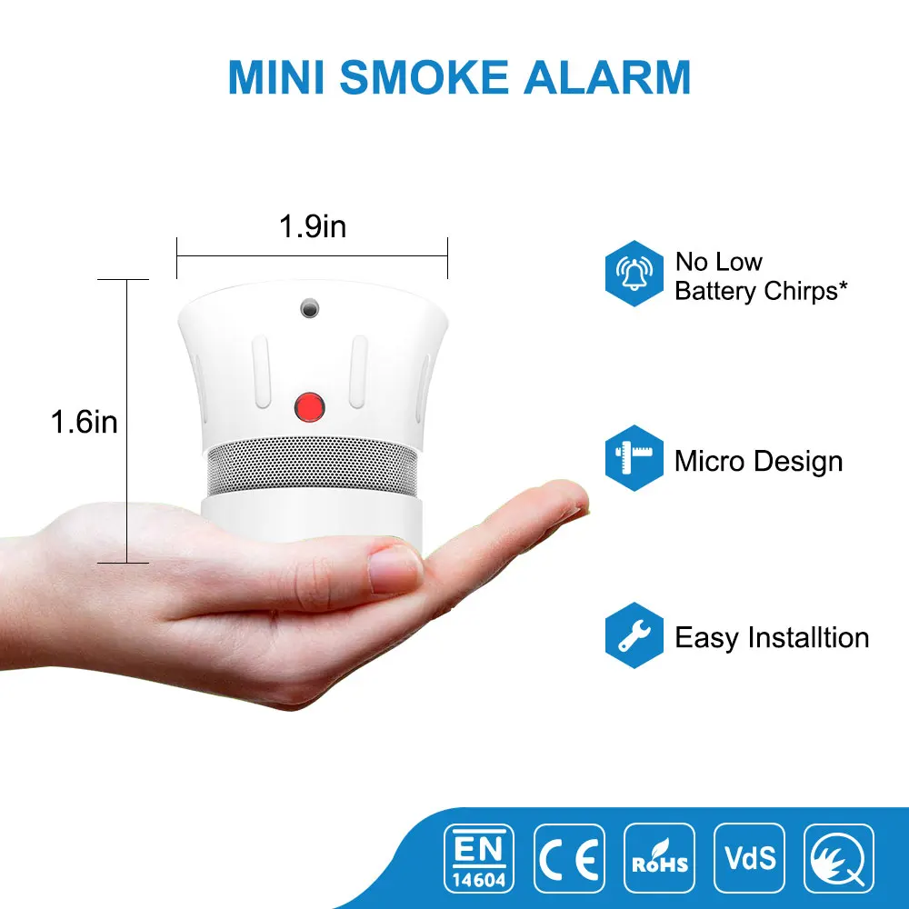 CPVan Mini Đầu Báo Khói CE EN14604 Khói 5 Năm Pin Độc Lập Quang Điện Cảm Biến Khói Cho Nhà Hệ Thống