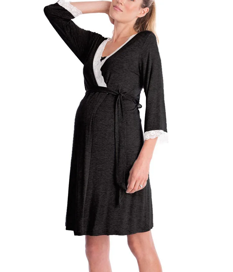 Mulheres grávidas renda pijamas com cinto ajustável, robe para maternidade, camisola, pijama vestido, roupa de gravidez