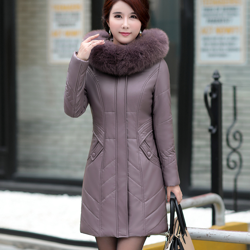 L-8XL Femmes Long Cuir Manteau Hiver 2025 Mode Mère Veste épaissir Chaud Vêtements d'extérieur Col de Fourrure à Capuche en Peau de Mouton Pardessus Femme Grande Taille