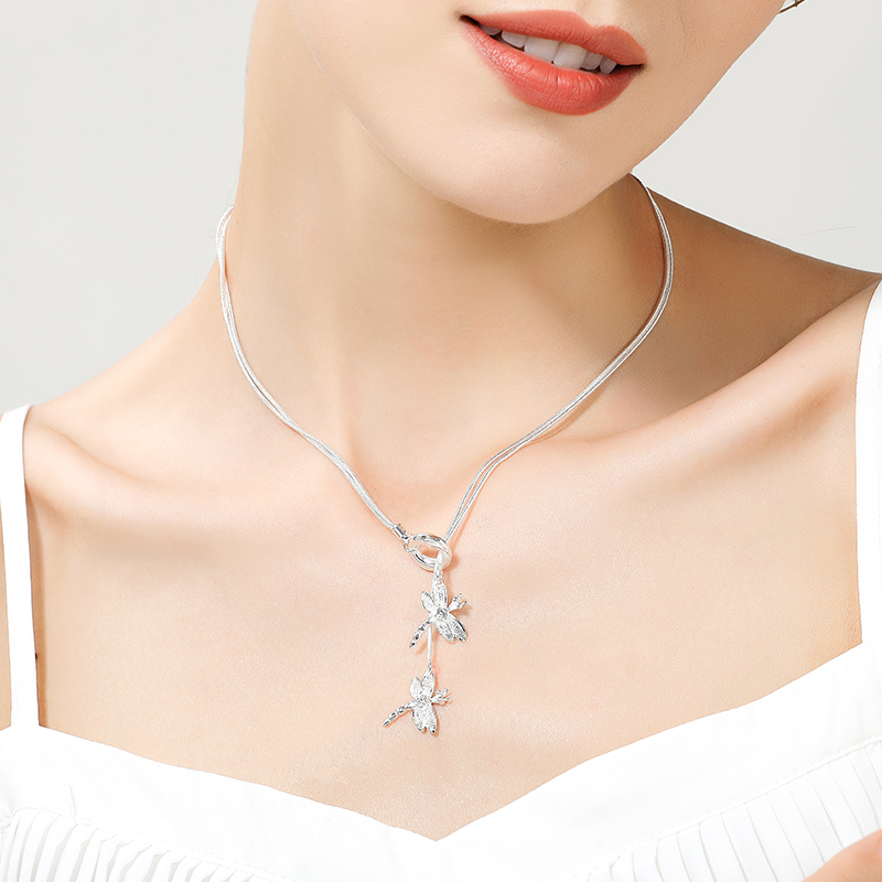 DOTEFFIL-collar con colgante de dos libélulas para mujer, de Plata de Ley 925, cadena de serpiente, joyería de compromiso de boda