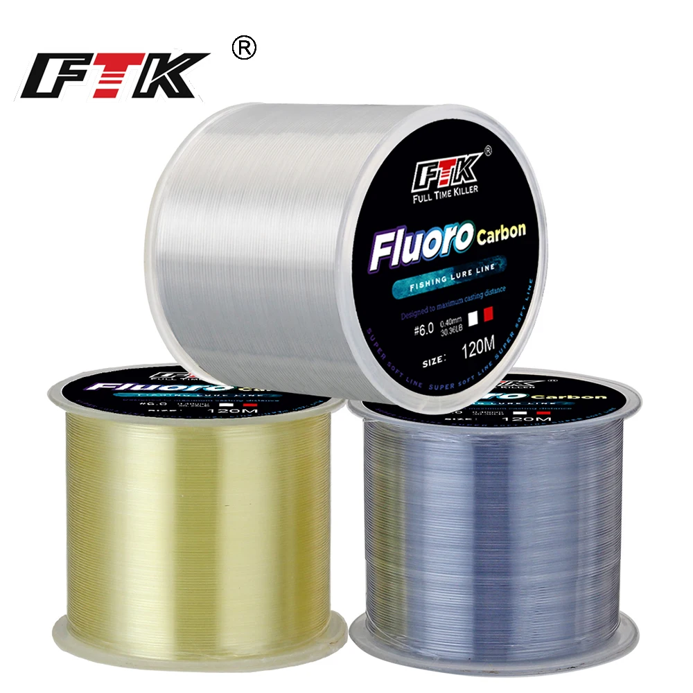 FTK-sedal de pesca de 120m, 0,2mm-0,6mm, 7,15LB-45LB, proceso de tratamiento de revestimiento de fluorocarbono, superficie de carbono, moléculas de nailon
