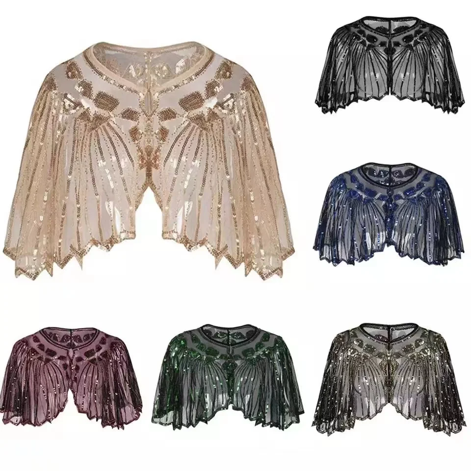 Vintage 1920s flapper xale lantejoulas frisado capa curta frisado decoração gatsby festa malha curto cobrir vestido acessório