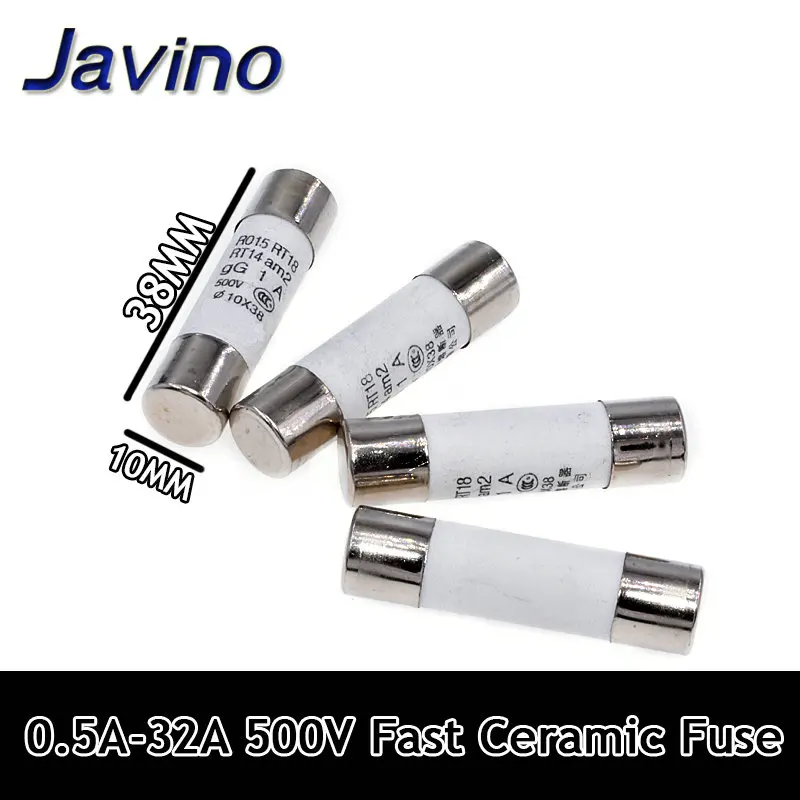 Bộ 5 10*38 Nhanh Thổi Gốm Cầu Chì 10X38 Mm Cầu Chì 500V 0.5A 1A 2A 4A 5A 6A 8A 10A 16A 20A 32A RO15 RT18 RT14