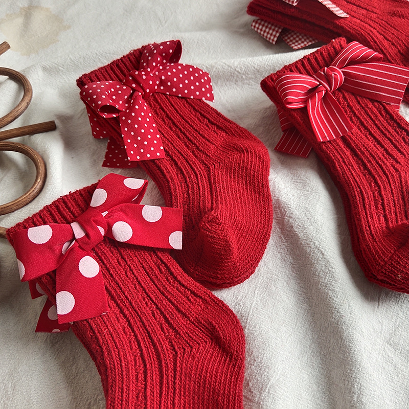 Calcetines hasta la rodilla para niñas, calcetines navideños de algodón con lazo grande rojo, calentadores de piernas de lana Lisa, calcetines suaves para niñas y niños pequeños