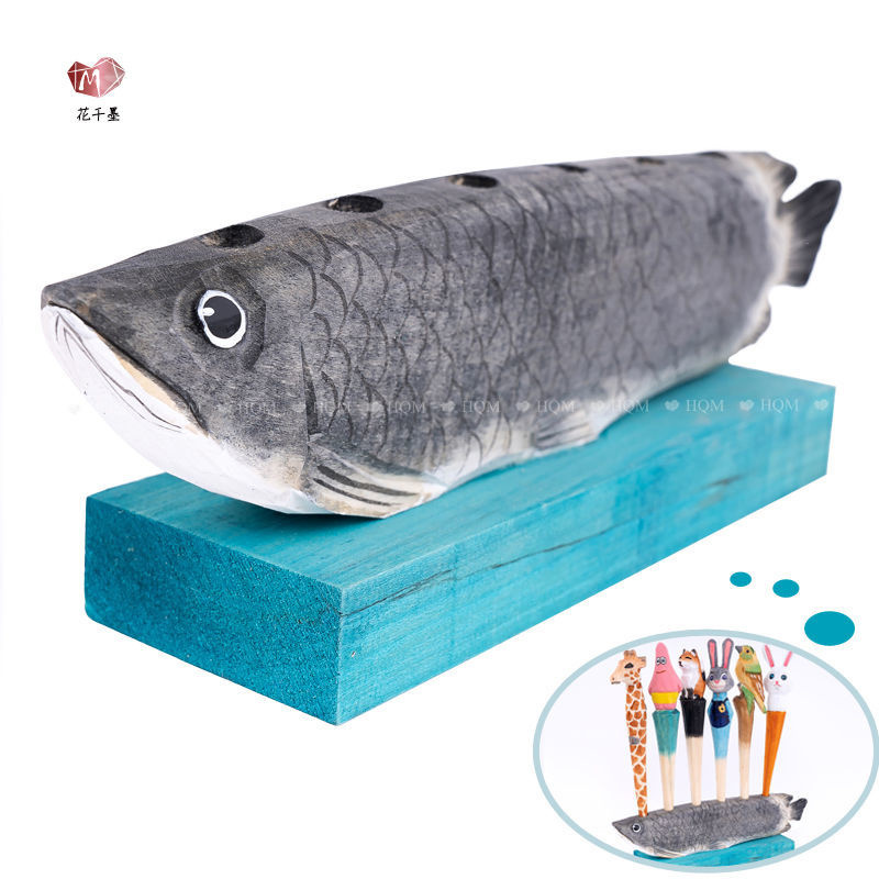 Kayu Solid Ukiran Tangan Pena Ikan Naga Alat Tulis Kreatif Multifungsi Tempat Penyimpanan Pena Log Ornamen Hadiah Siswa