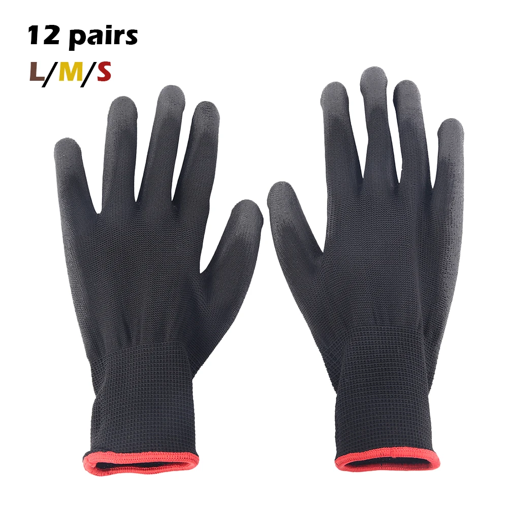 12 คู่ S/M/L ไนลอน PU ความปลอดภัยถุงมือทํางาน Builders Grip สําหรับปาล์มถุงมือเคลือบช่างไม้พนักงานซ่อมบํารุงอุปกรณ์
