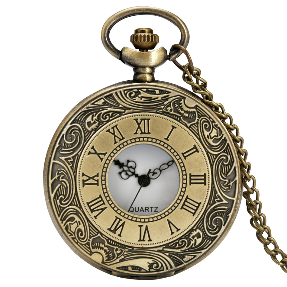 Reloj de bolsillo de cuarzo hueco con números romanos grabados en bronce, colgante de collar antiguo clásico, regalos con cadena