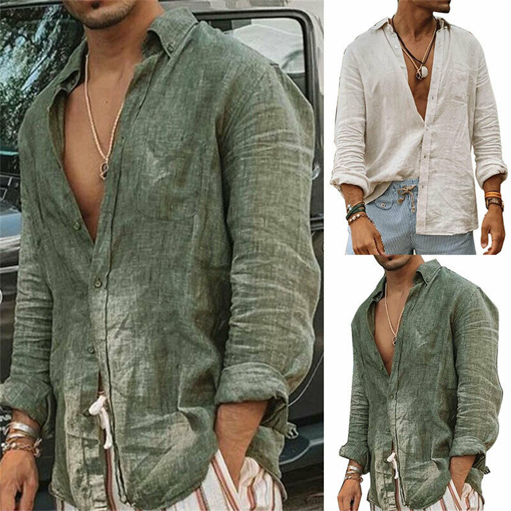 Camisas informales de lino y algodón para hombre, camisas holgadas de manga larga con cuello levantado, Color sólido, primavera y otoño, 2024