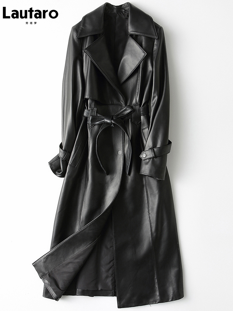 Lautaro-Langer schwarzer PU-Leder-Trenchcoat für Damen, lange Ärmel, Gürtel, eleganter britischer Stil, Mode, 5XL, 6XL, 7XL, Herbst