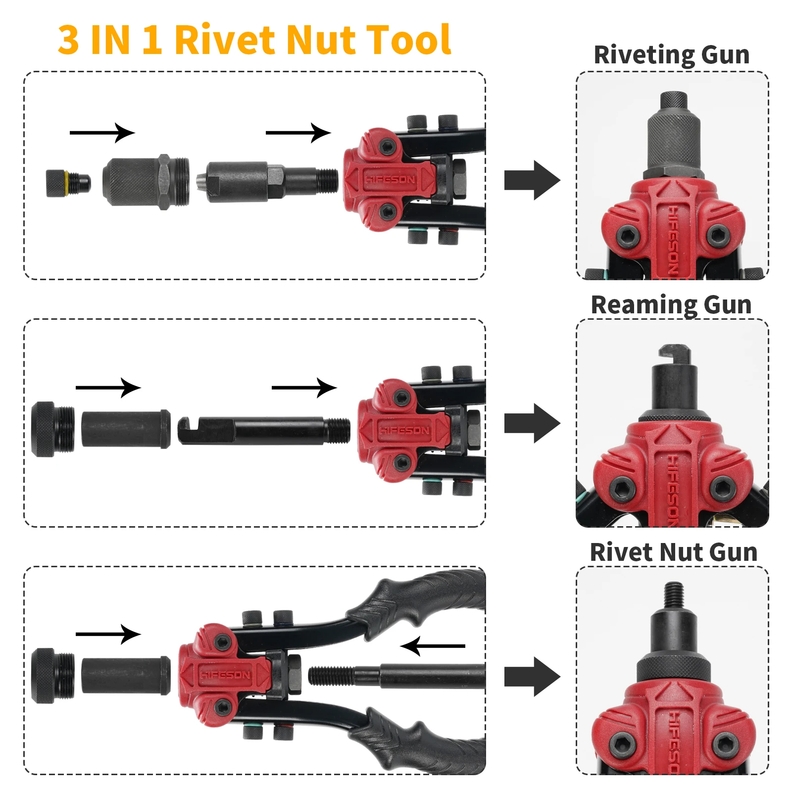 HIFESON 617 Đa Chức Năng Hướng Dẫn Sử Dụng Ram Súng Tán Đinh Hạt Súng Riveter Reaming Súng Mạnh Mẽ 3 Trong 1 M3-M10 Đai Ốc bộ