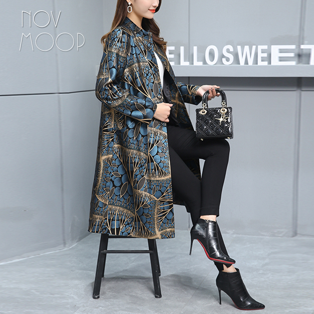 Novmoop genuine leather women overcoat floral pattern printed sheepskin oversize Italy luxurious style LT3365