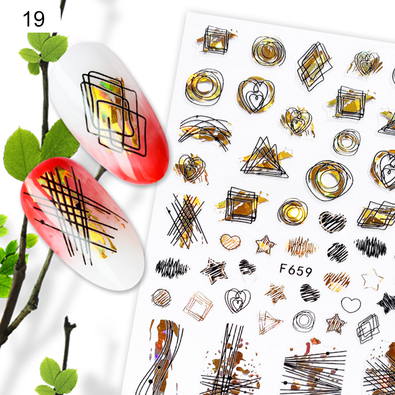 1 Vàng Đen Nám Lá Cây 3D Miếng Dán Móng Tay Ánh Kim Geometrics Đường Keo Chuyển Miếng Dán DIY Trang Trí Móng Tay