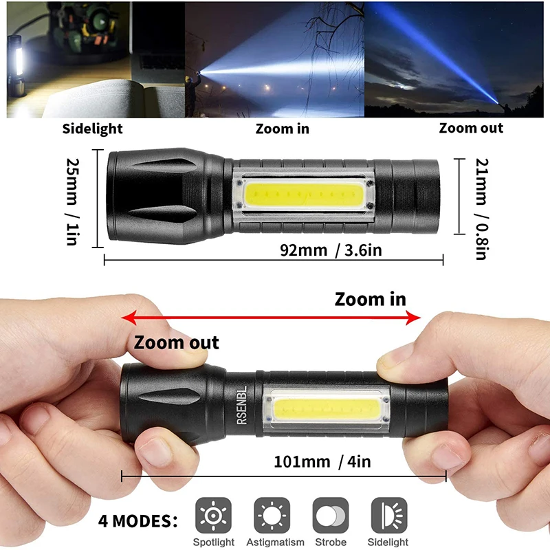 Mini linterna LED recargable por USB, lámpara para acampar al aire libre, antorcha con zoom, luces de trabajo, tres modos