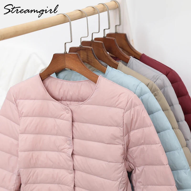 Siêu Mỏng Xuống Áo Khoác Nữ Size Lớn Màu Hồng Nữ Nhẹ Xuống Áo Siêu Nhẹ Phối Trắng Ấm Ngắn Áo Khoác Nữ