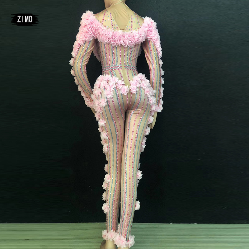 เซ็กซี่ดอกไม้สีชมพูRhinestone Bodysuit JumpsuitลากQueenเครื่องแต่งกายนักร้องStageสวมOne Pieceยืดชุดไนท์คลับRomper