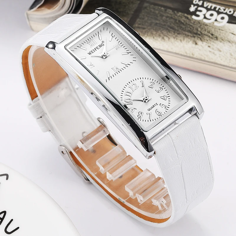 Dual Dial Unisex นาฬิกาหนังแท้คู่นาฬิกาข้อมือควอตซ์ Simple Minimalist ผู้ชายผู้หญิงชายหญิงสีดําสีขาวนาฬิกา