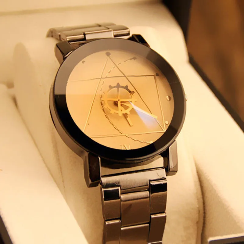Nuevos relojes de pareja para hombre, reloj de segunda mano con puntero triangular y brújula, relojes de acero inoxidable para mujer, reloj femenino