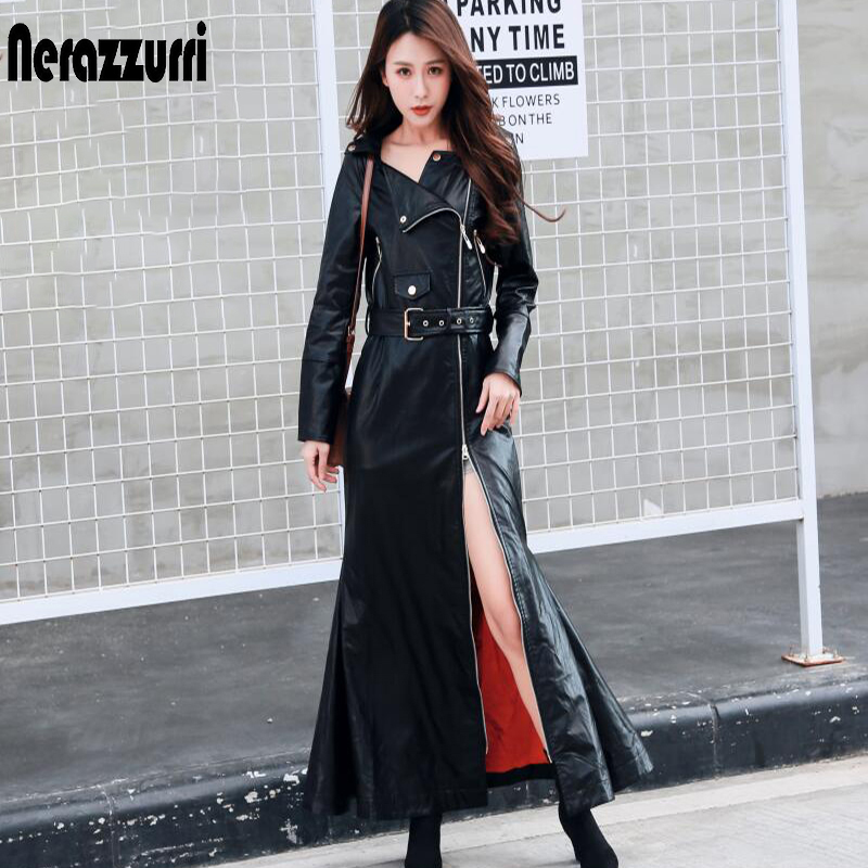 Nerazzurriฤดูใบไม้ร่วงMaxiสีดําFauxหนังผู้หญิงซิปแขนยาวเข็มขัดSlim Fitยาวพิเศษแจ็คเก็ตหนัง 2020 แฟชั่น